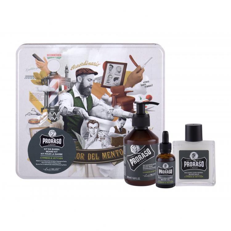 PRORASO Cypress &amp; Vetyver Beard Wash Ajándékcsomagok szakállsampon 200 ml + szakállbalzsam 100 ml + szakállolaj 30 ml + fémdoboz