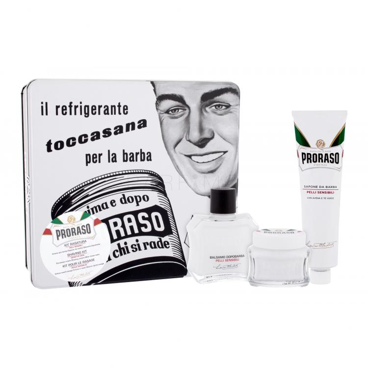 PRORASO White Ajándékcsomagok White borotválkozás utáni balzsam 100 ml + White borotválkozás előtti krém 100 ml + White borotvakrém 150 ml + fémdoboz