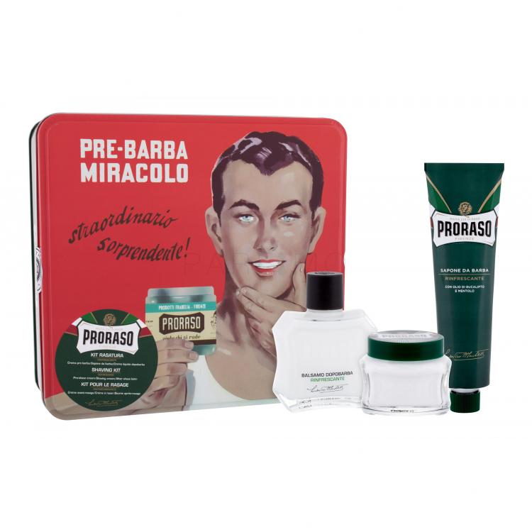 PRORASO Green Ajándékcsomagok Green borotválkozás utáni balzsam 100 ml + borotvakrém 150 ml + borotválkozás előtti krém 100 ml + fémdoboz