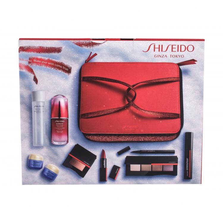 Shiseido Beauty Essentials Blockbuster Ajándékcsomagok Ultimune arcszérum 50 ml + Instant Eye and Lip sminklemosó 125 ml + Vital Perfection nappali krém 15 ml + Vital Perfection éjszakai krém 15 ml + szemhéjpúder paletta 5,2 g 05 + szemhéjtus 0,4 ml 01 + szempillaspirál 4 g 514 + arcpirosító 4 g 05 