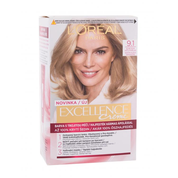 L&#039;Oréal Paris Excellence Creme Triple Protection Hajfesték nőknek 48 ml Változat 9,1 Natural Light Ash Blonde