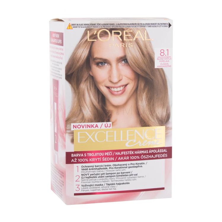 L&#039;Oréal Paris Excellence Creme Triple Protection Hajfesték nőknek 48 ml Változat 8,1 Natural Ash Blonde sérült doboz