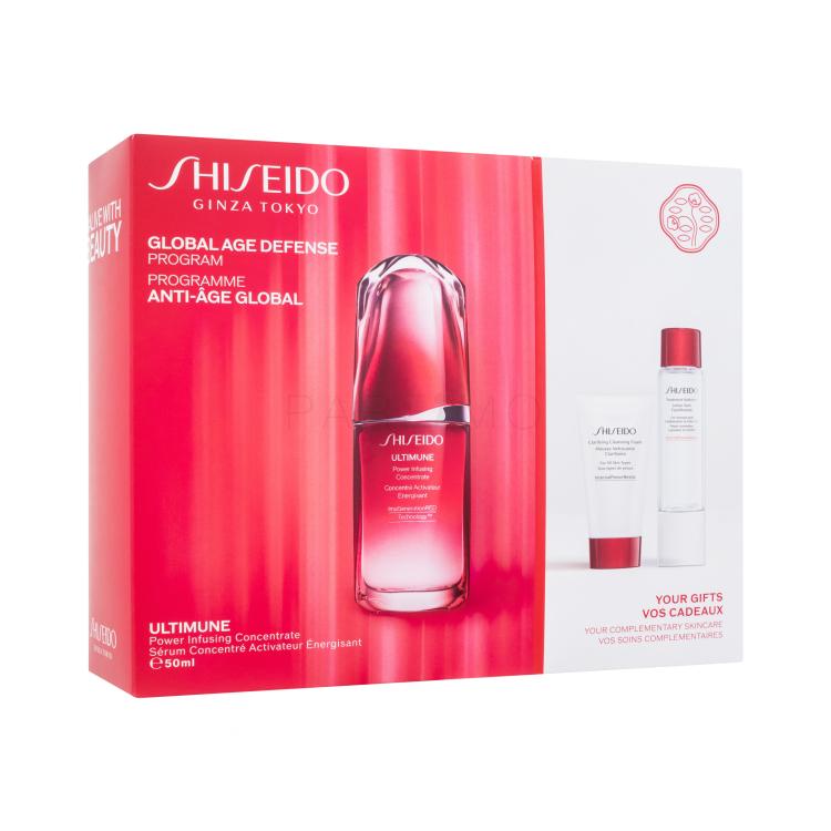 Shiseido Ultimune Global Age Defense Program Ajándékcsomagok Ultimune Power Infusing Concentrate arcszérum 50 ml + Clarifying Cleansing Foam arctisztító hab 30 ml + Treatment Softener arclemosó 30 ml