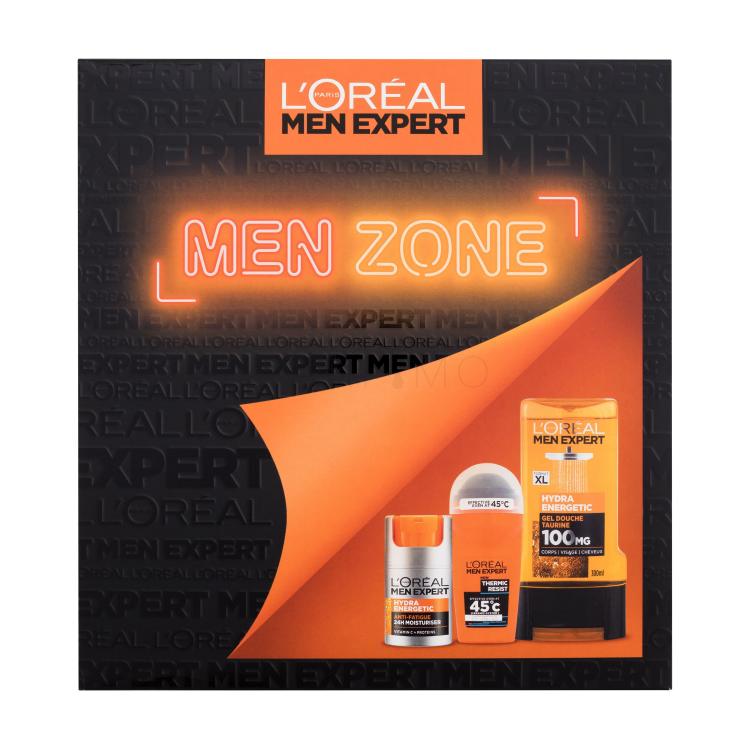 L&#039;Oréal Paris Men Expert Men Zone Ajándékcsomagok Men Expert Hydra Energetic Daily Moisturizer hidratálókrém 50 ml + Men Expert Hydra Energetic tusfürdő 300 ml + Men Expert Thermic Resist Antiperspirant izzadásgátló 50 ml