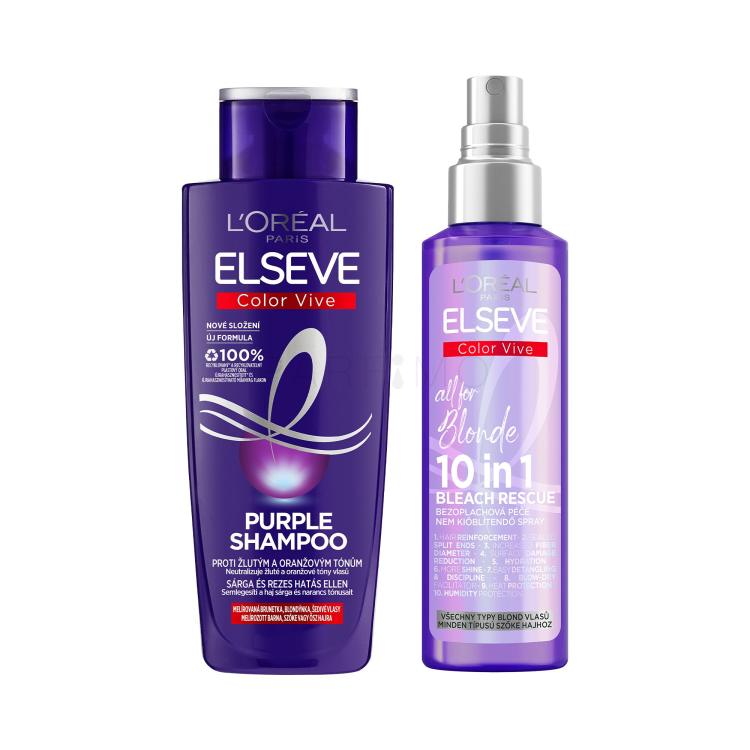 Szett Sampon L&#039;Oréal Paris Elseve Color-Vive Purple Shampoo + Öblítést nem igénylő hajápoló L&#039;Oréal Paris Elseve Color-Vive All For Blonde 10in1 Bleach Rescue