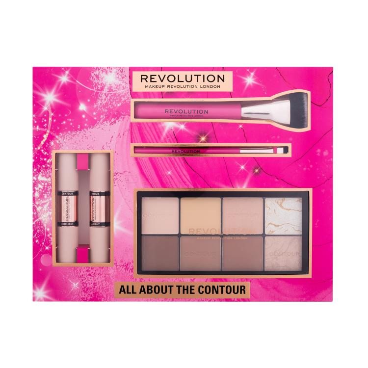 Makeup Revolution London All About The Contour Gift Set Ajándékcsomagok Ultra Contour Palette kontúrozó paletta 16 g + Fast Base Contour Stick 1 ks Medium korrektor + Fast Base Contour Stick korrektor 1 db Dark + Create Defining Contour Brush R10 sminkecset 1 db + Create Flat Blending Contour Brush 