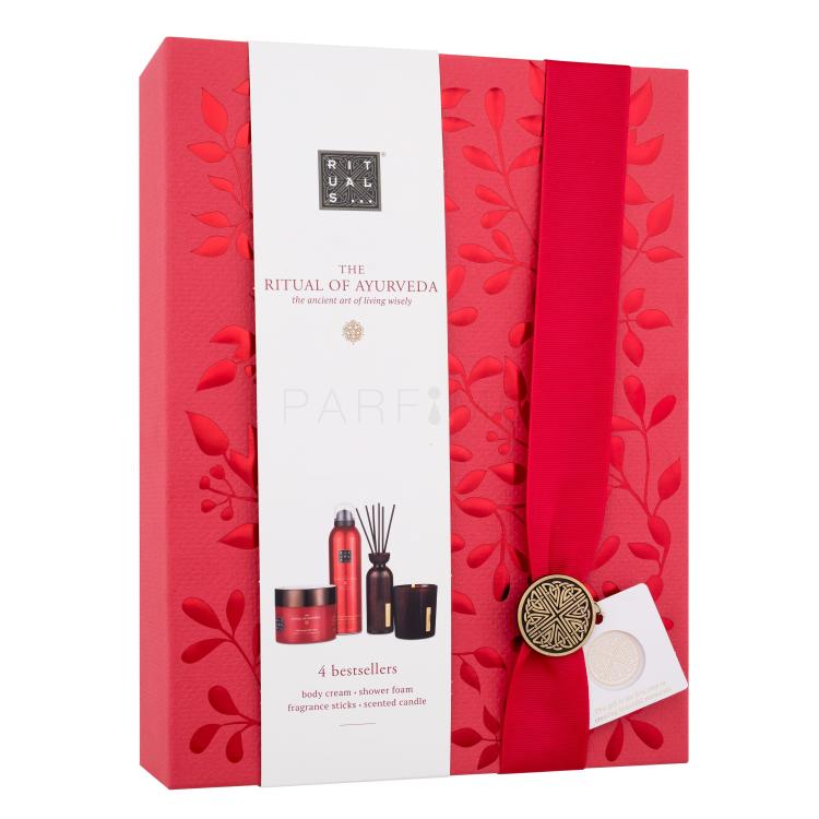 Rituals The Ritual Of Ayurveda 4 Bestsellers Ajándékcsomagok The Ritual Of Ayurveda Harmonizing Foaming Shower Gel habzó tusfürdő 200 ml + The Ritual Of Ayurveda Balancing Body Cream testápoló krém 200 ml + The Ritual Of Ayurveda illatgyertya 140 g + The Ritual Of Ayurveda illatpálcák 70 ml