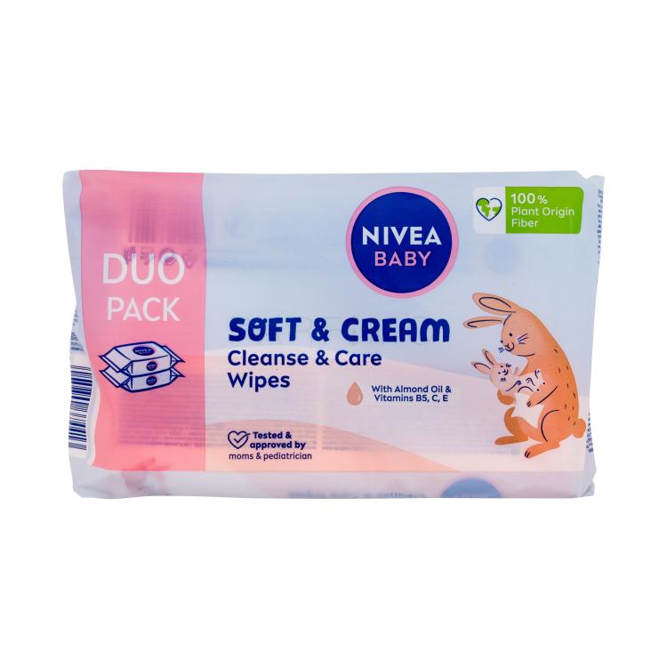 Nivea Baby Soft &amp; Cream Cleanse &amp; Care Wipes Sminkeltávolító nedves törlőkendők gyermekeknek 2x57 db