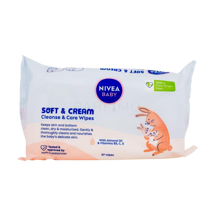 Nivea Baby Soft &amp; Cream Cleanse &amp; Care Wipes Sminkeltávolító nedves törlőkendők gyermekeknek 57 db