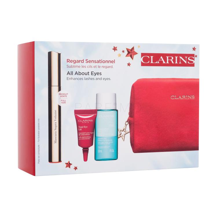 Clarins All About Eyes Ajándékcsomagok Supra Volume szempillaspirál 8 ml + Instant Eye Make-Up Remover sminklemosó 30 ml + Total Eye Lift szemkörnyékápoló krém 3 ml + kozmetikai táska