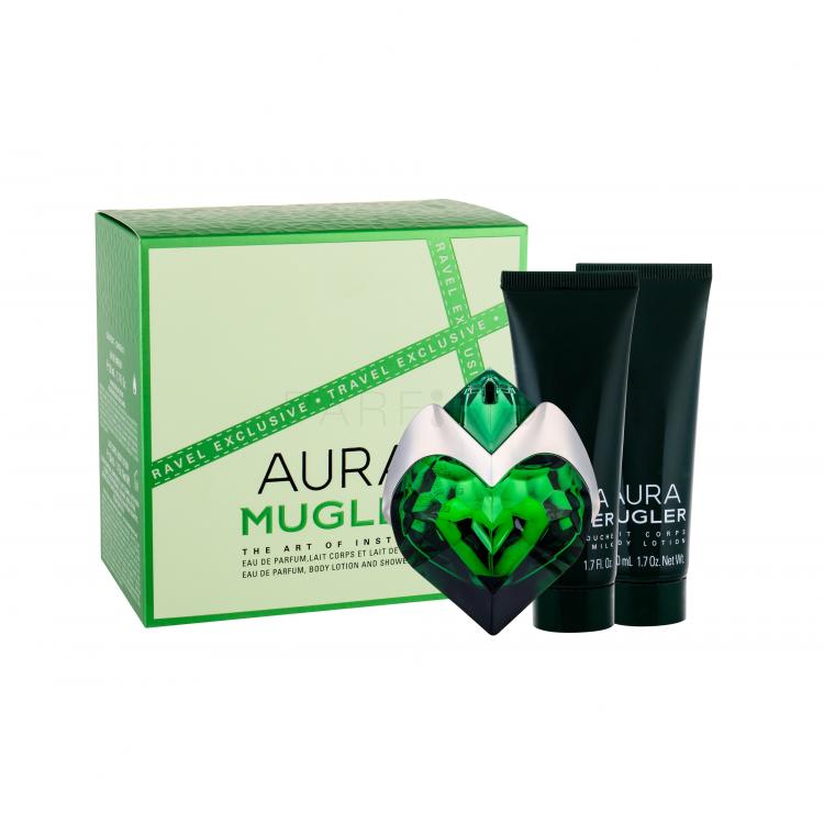 Thierry Mugler Aura Ajándékcsomagok újratölthető Eau de Parfum 50 ml + testápoló tej 50 ml + tusfürdő tej 50 ml Utántölthető