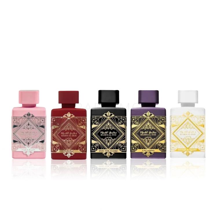 Lattafa Bade'e Al Oud Collection Ajándékcsomagok EDP Bade'e Al Oud Oud For Glory 5 ml + EDP Bade'e Al Oud Amethyst 5 ml + EDP Bade'e Al Oud Honor &amp; Glory 5 ml + EDP Bade'e Al Oud Sublime 5 ml + EDP Bade'e Al Noble Blush 5 ml